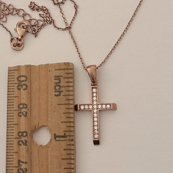 925 Silver cross necklace cz stones 14K rose gold plated - Picture 2 of 6